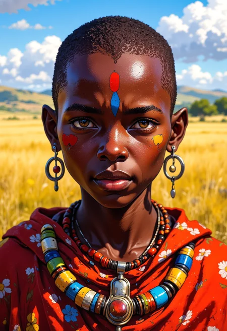 A closeup portrait of a Masai Warrior, wearing the colorful traditional outfit of his tribe, plains of Africa, bokeh, colorful, vibrant glow