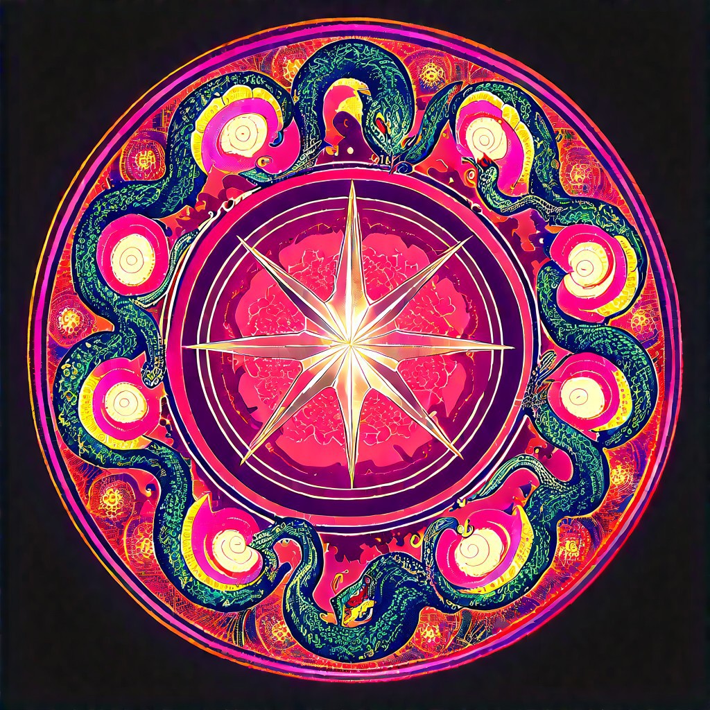 score_9, score_8_up, score_7_up, colored Mandala style, medium stylized pattern, (deep_purple base, black, red, and gold details), (glowing_golden_elements:1.2), Seviper, serpentine, vertical_figure_eight_pattern, intricate_design, symmetrical, traditional_mandala, luminous, mystical, highly_detailed, geometric_patterns, harmonious_composition, masterpiece, balanced,  artistic, reverence, best quality, absurdres, highly detailed,
