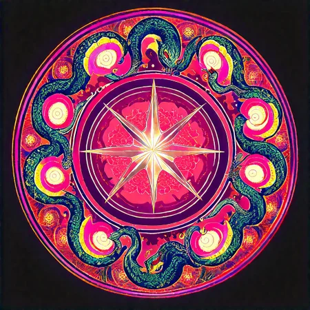 score_9, score_8_up, score_7_up, colored Mandala style, medium stylized pattern, (deep_purple base, black, red, and gold details), (glowing_golden_elements:1.2), Seviper, serpentine, vertical_figure_eight_pattern, intricate_design, symmetrical, traditional_mandala, luminous, mystical, highly_detailed, geometric_patterns, harmonious_composition, masterpiece, balanced, artistic, reverence, best quality, absurdres, highly detailed,