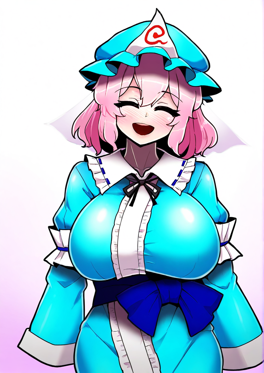 <lora:NIKROP:1>,1girl, saigyouji yuyuko, huge breasts, wide hips, :d, blue bow, blue headwear, blue kimono, blush, bow, closed eyes, facing viewer, frills, hat, japanese clothes, kimono, mob cap, open mouth, pink hair, sash, short hair, sleeve garter, smile, solo, triangular headpiece, upper body, 
masterpiece, best quality, highres, absurdes,amazing quality