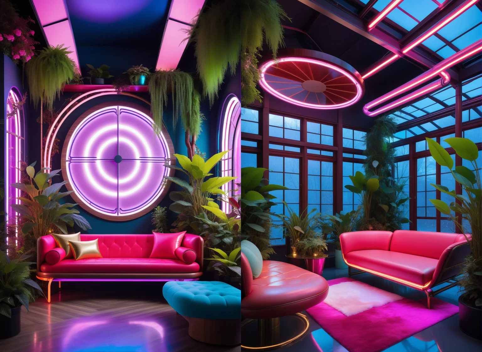 masterpiece, high quality,, a reij winter garden, cherry wood details, neon color and ambient neon light, couch <lora:reij-neonelegance:0.7>