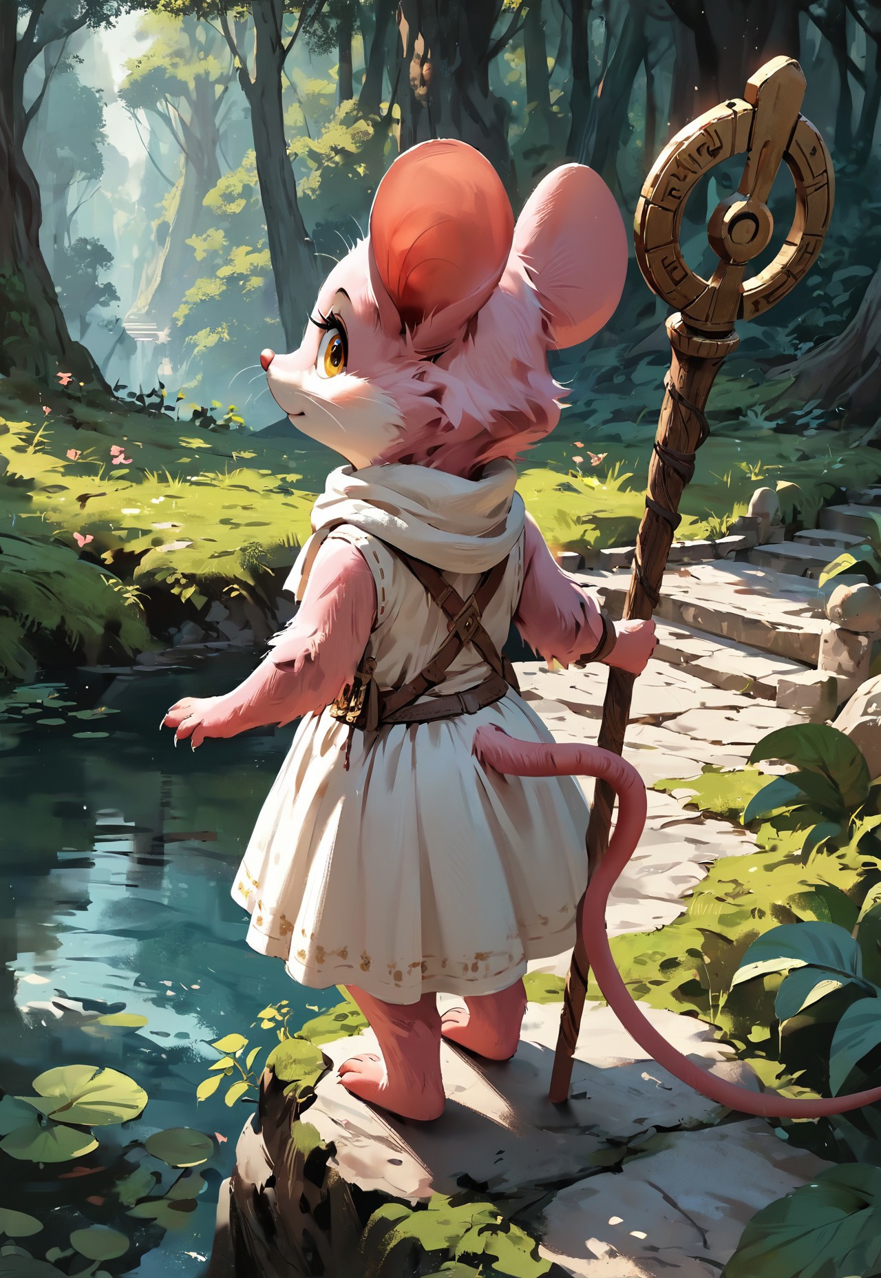 masterpiece, best quality, score_9, score_8_up, score_7_up, embedding:urn:air:pony:embedding:civitai:332646@509253, detailed background, concept art, realistic, (solo), furry mouse girl, back turned to viewer, holding magical staff, (head turned from viewer), mouse tail, from behind, (looking at background), cute, yellow eyes, white scarf:1.2, fluffy, (ancient forest background), white dress, pink fur, bottomless, holding giant staff, ornate magical staff, standing, from above, from side, mossy branch, tree