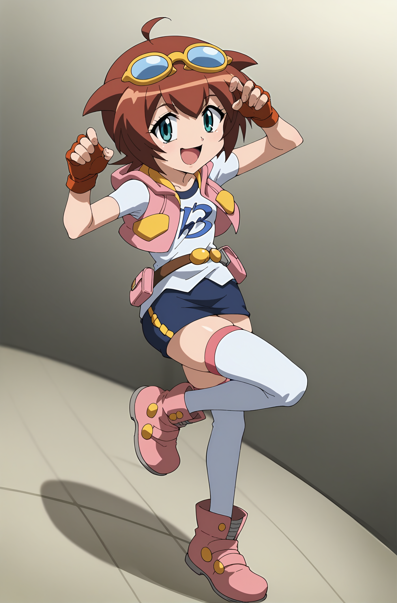 score_9, score_8_up, score_7_up, source anime, anime, animification, anime screencap, anime coloring, vivid colors, shiny skin, skindentation, deep skin, depth of field, high quality, highres, (dynamic angle,dynamic pose),
amano madoka, 1girl, solo, smile, short hair, open mouth, blue eyes, skirt, brown hair, thighhighs, gloves, full body, ahoge, boots, belt, hood, fingerless gloves, vest, white thighhighs, hoodie, standing on one leg, goggles, goggles on head, pouch, belt pouch
BREAK
masterpiece, high quality
 <lora:Amano_Madoka:0.9>