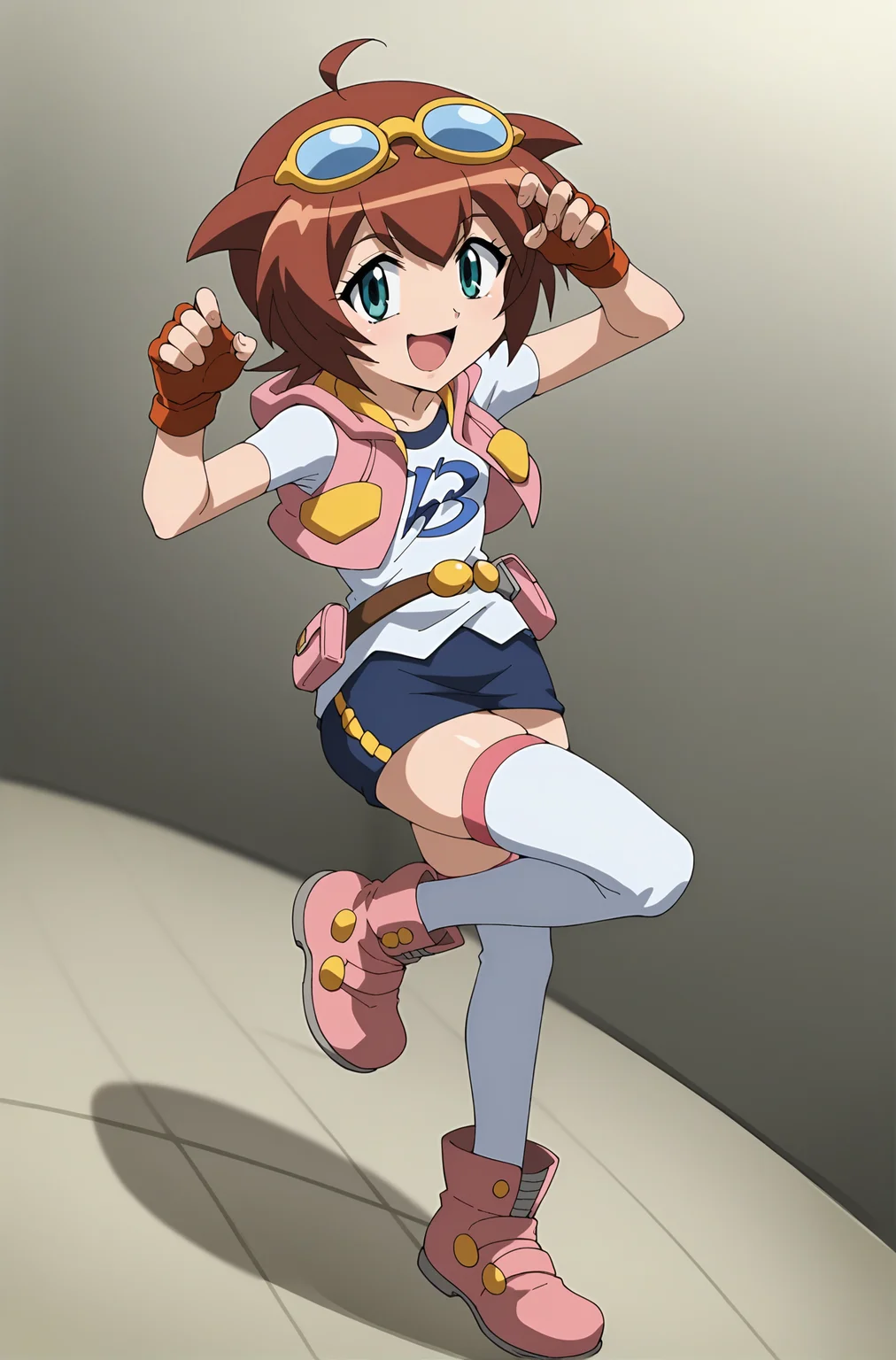 score_9, score_8_up, score_7_up, source anime, anime, animification, anime screencap, anime coloring, vivid colors, shiny skin, skindentation, deep skin, depth of field, high quality, highres, (dynamic angle,dynamic pose),
amano madoka, 1girl, solo, smile, short hair, open mouth, blue eyes, skirt, brown hair, thighhighs, gloves, full body, ahoge, boots, belt, hood, fingerless gloves, vest, white thighhighs, hoodie, standing on one leg, goggles, goggles on head, pouch, belt pouch
BREAK
masterpiece, high quality
<lora:Amano_Madoka:0.9>