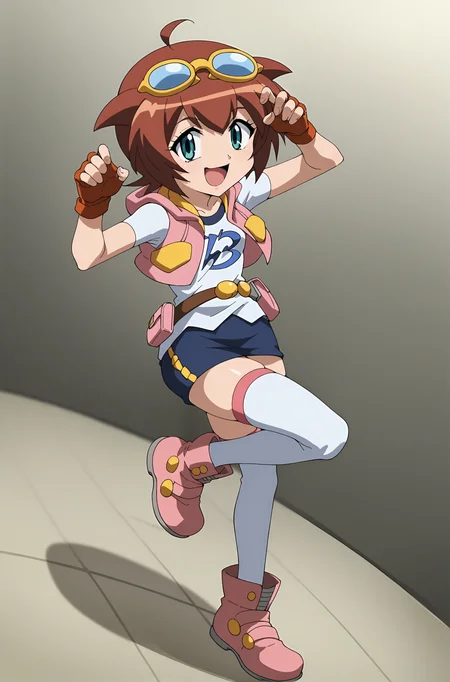 score_9, score_8_up, score_7_up, source anime, anime, animification, anime screencap, anime coloring, vivid colors, shiny skin, skindentation, deep skin, depth of field, high quality, highres, (dynamic angle,dynamic pose),
amano madoka, 1girl, solo, smile, short hair, open mouth, blue eyes, skirt, brown hair, thighhighs, gloves, full body, ahoge, boots, belt, hood, fingerless gloves, vest, white thighhighs, hoodie, standing on one leg, goggles, goggles on head, pouch, belt pouch
BREAK
masterpiece, high quality
<lora:Amano_Madoka:0.9>