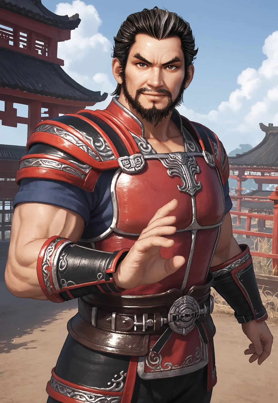 score_9, score_8_up, HuangGaiDWO, short hair, greying black hair, grey streaks, brown eyes, beard, mustache, mature male, muscular, pauldrons, armor, vambraces, belt, black pants, looking at viewer, smile, dynamic pose, detailed background, dutch angle, upper body, cowboy shot, blue sky, clouds, ancient china, fighting stance,