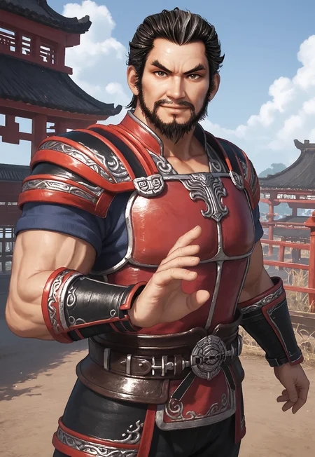 score_9, score_8_up, HuangGaiDWO, short hair, greying black hair, grey streaks, brown eyes, beard, mustache, mature male, muscular, pauldrons, armor, vambraces, belt, black pants, looking at viewer, smile, dynamic pose, detailed background, dutch angle, upper body, cowboy shot, blue sky, clouds, ancient china, fighting stance,
