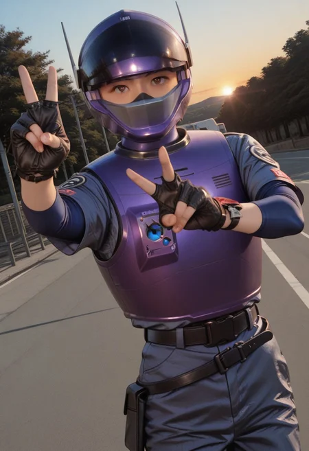 solo, 1girl, cowboy shot ,
purpl3sw4t, BREAK, looking viewer, eyes
purpl3sw4t, purple_turtleneck, helmet, open_visor, purple, armor, fingerless_gloves, uniform_shirt, blue_sleeves, V_sign hand, V_sign, dutch angle, belt, Uniform_pants
outdoors, road, sunset, dramatic lighting