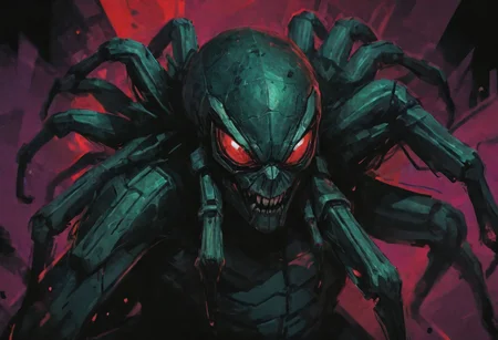 cinematic, stunning, gorgeous, masterpiece, high quality, (best quality:1.1), Close dystopian portrait illustration of a tarantula dark green, black, purple and red tones. dense foilage emphasize the drama of this digital artwork, which is kept in the style of ((classic comics)) but still has a modern look. a strong red hue.