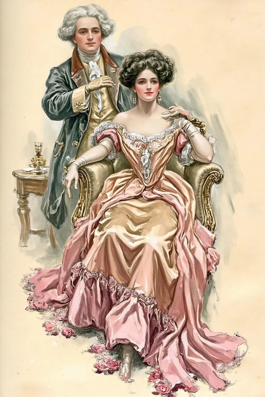 hafisher1 illustration.
An elegant, historical scene. The artwork depicts a woman and a man in 18th-century attire, evoking the Rococo style. The woman, seated on a plush, ornate chair with intricate carvings, wears an elaborate, flowing gown in shades of pale pink and cream with intricate lace and ruffles. The man wears a powdered wig.
<lora:hafisher1_cap_d6a3e12:1.0><lora:829873795964694097:0>