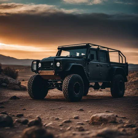 cinematic film still raw, scifi,  (color military tactical metal  black:1.3) (futuristic hypermodern  monsterttruck:1.1) offroad, metal grit,  rust,  stains,  outdoor, cinematic, (hot desert landscape:1.1),dried lake, cracked rocks, volumetric light, mist, sunrise 
 <lora:TruckMaker-SDXL-LoHA:-0.5>, epic vista <lora:Grit-SDXL:1> . shallow depth of field, vignette, highly detailed, high budget Hollywood movie, bokeh, cinemascope, moody, epic, gorgeous, film grain, grainy