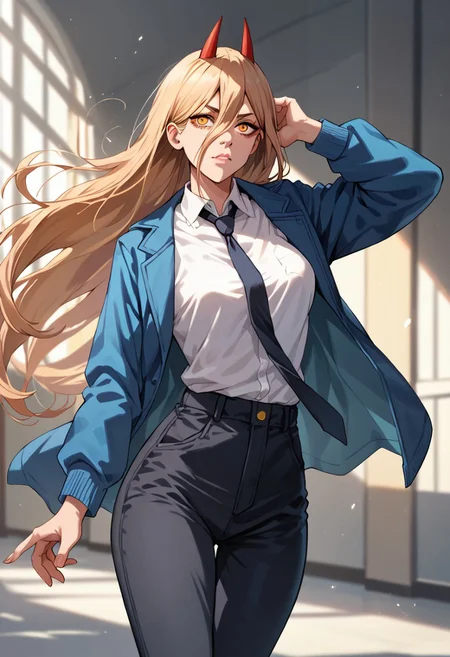 score_9, score_8_up, score_7_up, dcaustyle, Expressiveh, 1girl, blonde hair, yellow eyes, horns, white shirt, necktie, black pants, blue jacket, Power_(Chainsaw_Man)
high res image, masterpiece