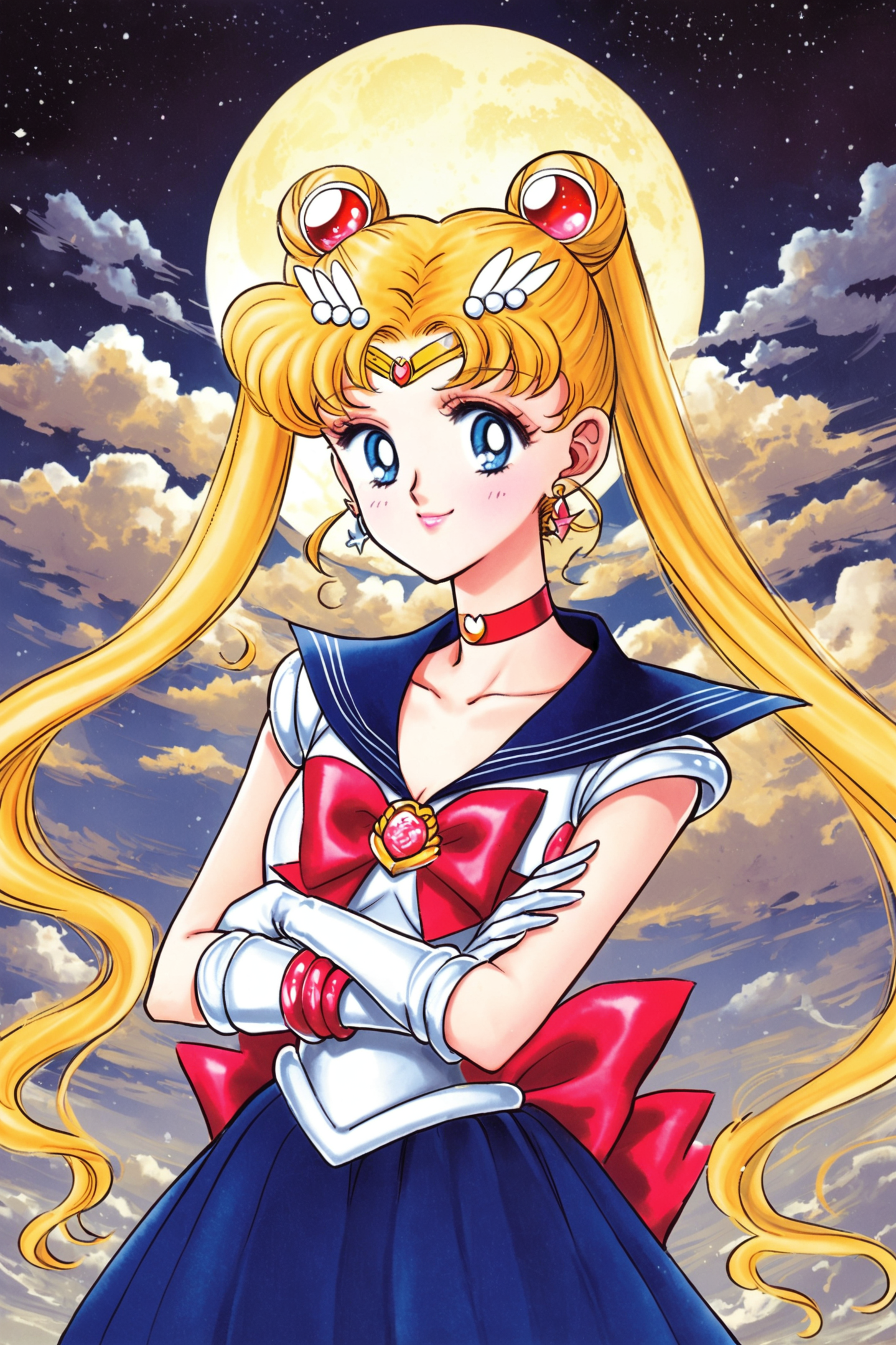1girl,solo,blonde hair,tsukino usagi,sailor moon,sailor senshi uniform,long hair,blue sailor collar,gloves,blue eyes,skirt,bow,twintails,full moon,cloud,red bow,blue skirt,magical girl,sailor collar,choker,double bun,elbow gloves,hair bun,crossed arms,white gloves,back bow,jewelry,tiara,red choker,smile,crescent,earrings,pleated skirt,upper body,standing,traditional media,looking at viewer,
<lora:Takeuchi Naoko_XL:0.8>,