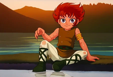 score_9, score_8_up, score_7_up, score_6_up, saintkiki, young, male, spiky red-orange hair, large purple eyes, two purple markings on forehead, 1boy, solo, sleeveless tunic, black belt with buckle, golden arm bracelet, white pants, black boots, crisscross straps, beautiful eyes, expressive eyes, androgynous, beautiful face, wet clothes, , great lake background, aid291, smiling, sweet, petite, cute