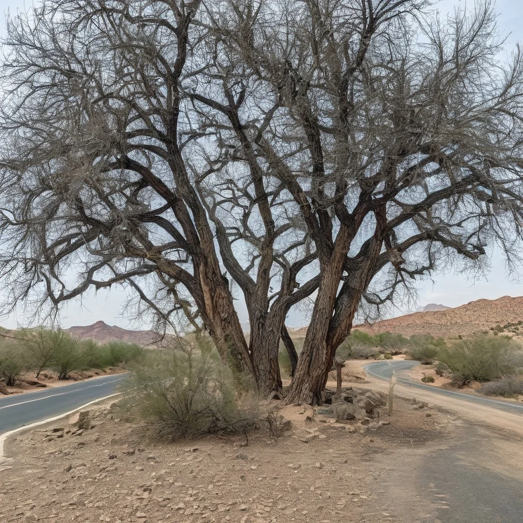solo, tree, desert, no humans, bare tree, water, outdoors, road, nature, tree, landscape, detailed