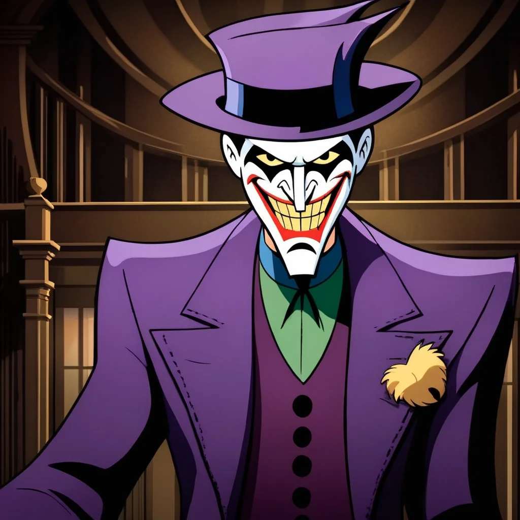 Gothic style, <lora:Joker:1.2>
Joker a cartoon of a joker with a hat and a suit in Gotham city universe, Dark, mysterious, haunting, dramatic, ornate, detailed