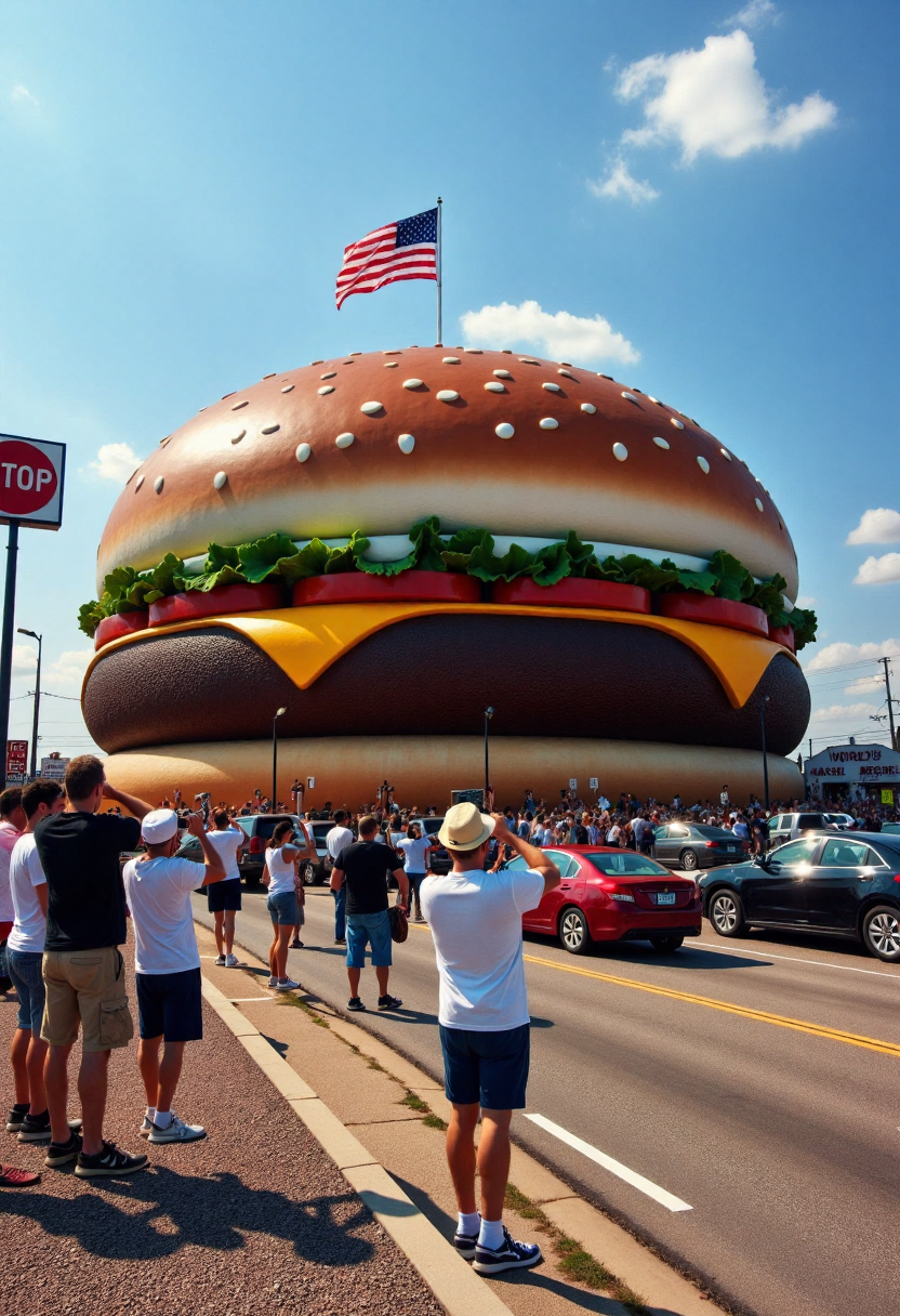 <lora:Roadside_Attraction_Assembler_FLUX_r1-000007:0.9>   
Photo depicting a surreal scene at a "world's largest hamburger" roadside attraction, along with people taking photos of it and cars parked near it.