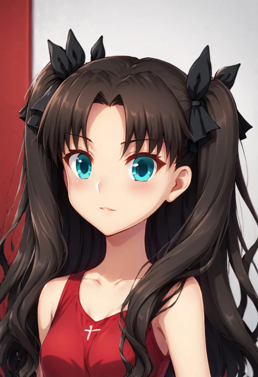 ((fate Tohsaka Rin, aqua eyes, long wavy black hair, two-side-up hairstyle, twin tails tied with black ribbons, red tank top, black pleated miniskirt, Jedrnto, brown hair, blue eyes, black hair ribbons, red shirt, black skirt, black stockings)),
(((headshot, headshot only, face only)))