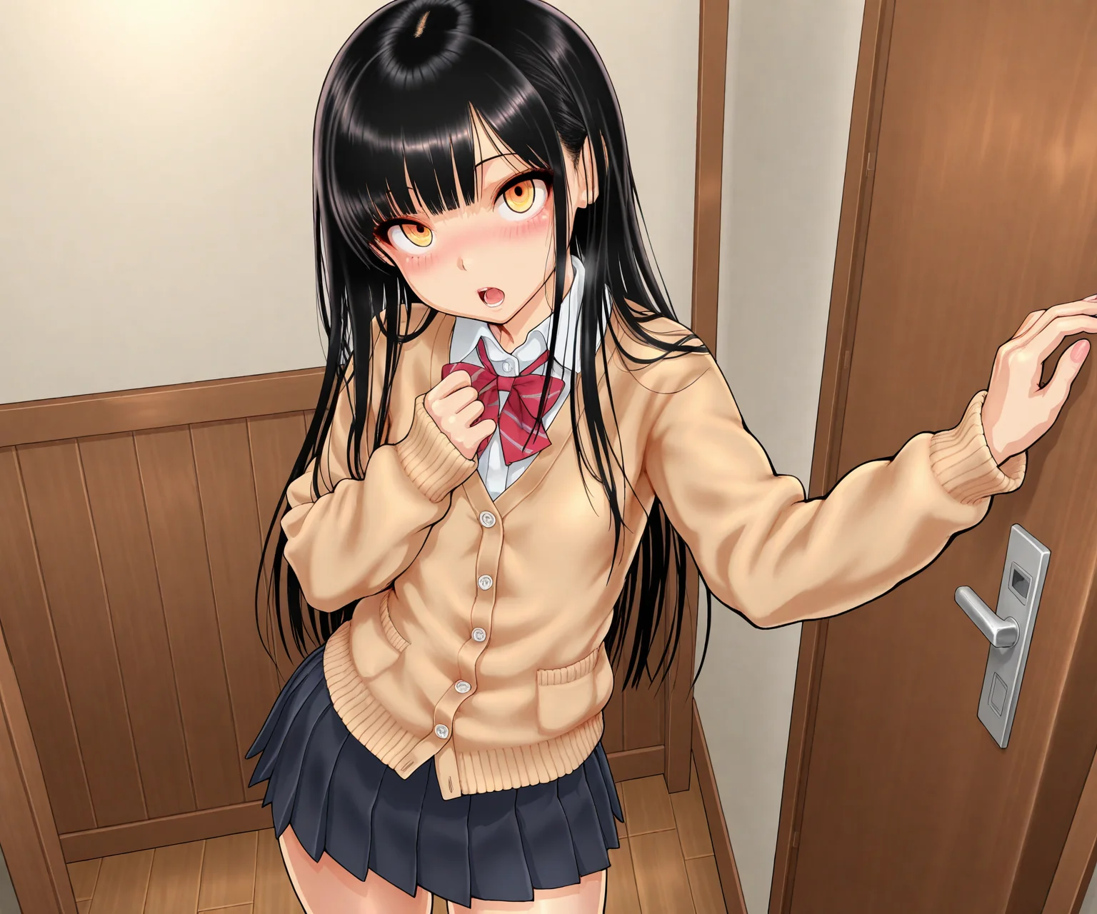 masterpiece, best quality, amazing quality, sfw, 1girl, solo, looking at viewer, shirt, , pleated skirt, cardigan, open mouth, <lora:Dokiyuri style ILL-v2:1> dokiyuristyle