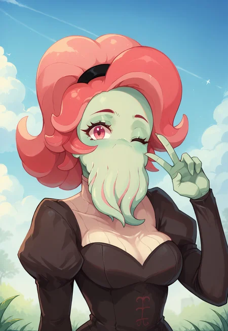 score_9,score_8_up,score_7_up, ultra quality, 1girl, Lnetaxl, cthulhu, mollusk, tentacle mouth, tentacle hair, pink hair, green skin, black hairband, two-toned dress, juliet sleeves, one eye closed, pink eyes, v sign, upper body, green lush background, sky