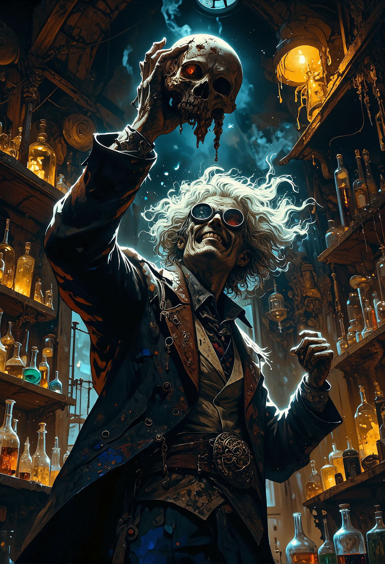 A side view of a mad alchemist with wild goggles and a manic grin etched onto his face, holding a rotten human skull dramatically before him in the air as if in a moment of revelation. The scene is illuminated by striking, cinematic lighting, casting deep shadows that highlight his chaotic energy. The background reveals a dimly lit wooden alchemistâs workshop, cluttered with shelves of glass vials, glowing liquids, and mysterious apparatuses. The atmosphere is dark and foreboding, with a touch of epic glorification, as though capturing the apex of his mad genius. backlit. <lora:Dever_Flux_Enhancer.safetensors:0.5>,  <lora:Elden_Ring_-_Yoshitaka_Amano.safetensors:1.0>,  <lora:boFLUX digital-abyss.safetensors:0.3>,  <lora:boFLUX AbstractMorph.safetensors:1.0>,  <lora:RM_Artistify_v1.0M.safetensors:0.7>,