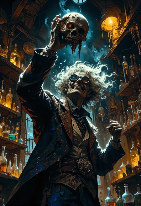A side view of a mad alchemist with wild goggles and a manic grin etched onto his face, holding a rotten human skull dramatically before him in the air as if in a moment of revelation. The scene is illuminated by striking, cinematic lighting, casting deep shadows that highlight his chaotic energy. The background reveals a dimly lit wooden alchemistâs workshop, cluttered with shelves of glass vials, glowing liquids, and mysterious apparatuses. The atmosphere is dark and foreboding, with a touch of epic glorification, as though capturing the apex of his mad genius. backlit. <lora:Dever_Flux_Enhancer.safetensors:0.5>, <lora:Elden_Ring_-_Yoshitaka_Amano.safetensors:1.0>, <lora:boFLUX digital-abyss.safetensors:0.3>, <lora:boFLUX AbstractMorph.safetensors:1.0>, <lora:RM_Artistify_v1.0M.safetensors:0.7>,