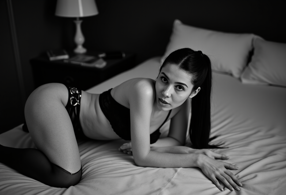 Intimate black and white boudoir photo; a gorgeous and stunning model, thin youthful French woman with a black ponytail is reclined on her opulent bed. She is posing in a seductive manner and is wearing a black lace bra, a black thong, black stockings, and a black garter belt. All of her lingerie is fitted with shiny metal clasps that glint in the light. She is biting her lip invitingly. Volumetric lighting, hard deep shadows, partially illuminated, reclined, sensual, erotic, romantic.