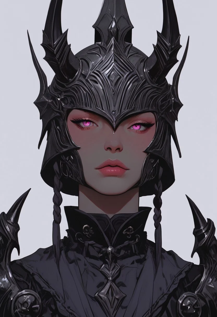 in the style of Yoann Lossel, Marc Simonetti, illustration, zPDXL3 , score_9 , score_8 , score_7 Imagine a full-face helmet that radiates strength and mystique, crafted with divine warrior-like qualities. The helmet is completely encased in a sleek, gleaming silver, with a mask that imitates human features, creating a haunting yet noble visage that conceals the wearer's face entirely. The eye slits are narrow and intense, enhancing the helmet's commanding presence. Intricate gold engravings glowing on twisted horns of the helmet and adorn the silver surface, resembling flowing wind or celestial patterns, which add an ethereal touch to the design. Majestic, curved wings extend gracefully from either side, crafted from the same polished silver, accented with golden highlights that catch the light, giving the impression of movement, as if the wings could lift the wearer into the skies. Draped from the lower edge of the helmet is a luxurious chainmail coif, cascading over the shoulders in shimmering interlocked rings of silver, providing both protection and elegance. This combination of silver and gold, along with the complete concealment of the face, creates a helmet that speaks of a warrior chosen by fate, exuding awe and reverence with every movement. visible mouth