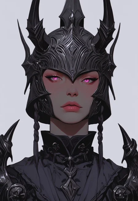 in the style of Yoann Lossel, Marc Simonetti, illustration, zPDXL3 , score_9 , score_8 , score_7 Imagine a full-face helmet that radiates strength and mystique, crafted with divine warrior-like qualities. The helmet is completely encased in a sleek, gleaming silver, with a mask that imitates human features, creating a haunting yet noble visage that conceals the wearer's face entirely. The eye slits are narrow and intense, enhancing the helmet's commanding presence. Intricate gold engravings glowing on twisted horns of the helmet and adorn the silver surface, resembling flowing wind or celestial patterns, which add an ethereal touch to the design. Majestic, curved wings extend gracefully from either side, crafted from the same polished silver, accented with golden highlights that catch the light, giving the impression of movement, as if the wings could lift the wearer into the skies. Draped from the lower edge of the helmet is a luxurious chainmail coif, cascading over the shoulders in shimmering interlocked rings of silver, providing both protection and elegance. This combination of silver and gold, along with the complete concealment of the face, creates a helmet that speaks of a warrior chosen by fate, exuding awe and reverence with every movement. visible mouth