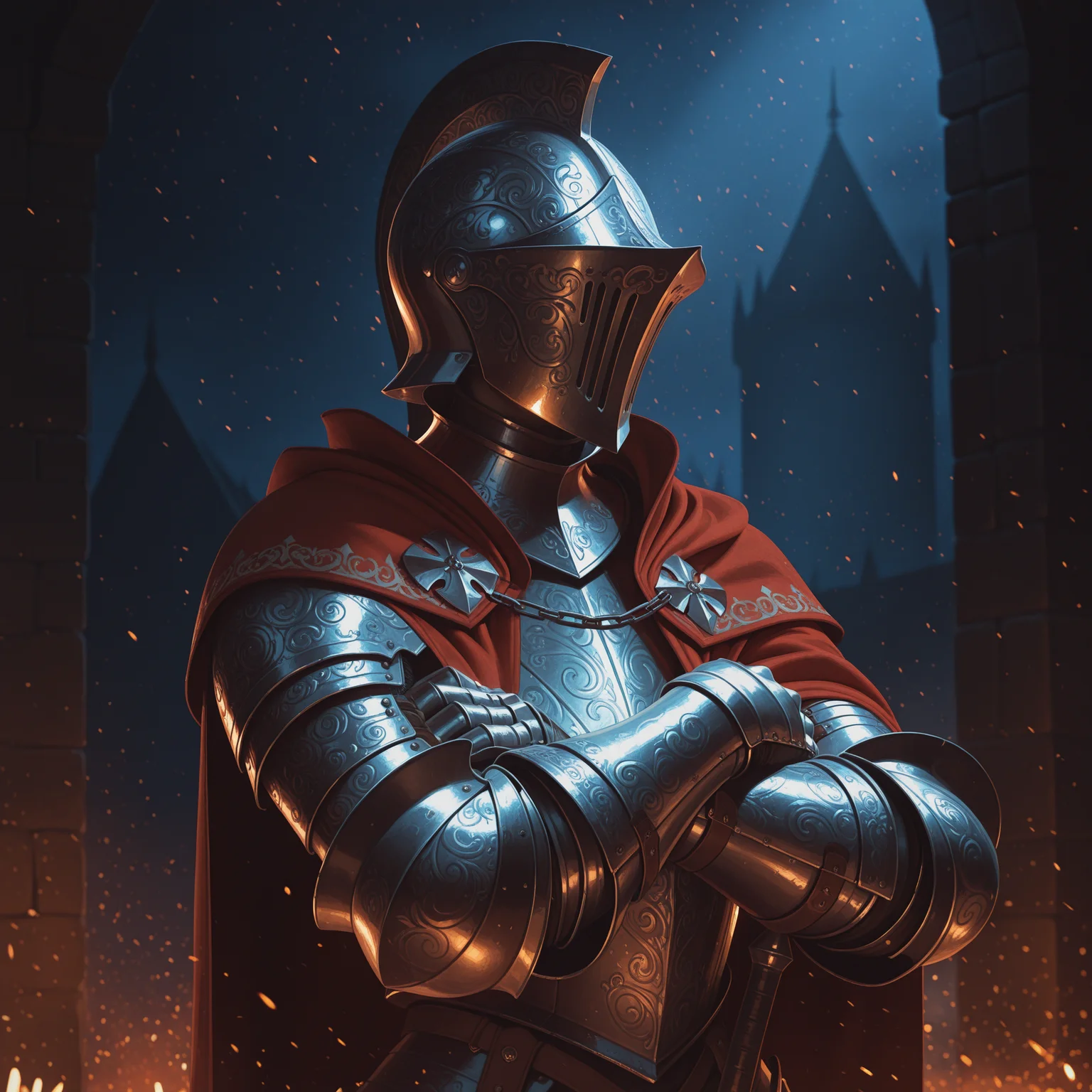 masterpiece, best quality, absurdres, highres, high quality, highly detailed,
1boy, solo, knight, faceless, engraved helmet, no eyes, looking to the side,
engraved, engraving, engraved armor, red capelet, arm armor, shoulder armor, gauntlets,
portrait,
crossed arms, standing,
outdoors, depth of field, cinematic, fantasy, medieval, embers, light particles, night, dramatic lighting, downward lighting,
no lineart, pixelsketcher, <lora:incase_new_style_red_ill:0.6>, <lora:bonifasko_ill:0.4>, <lora:engraved03:0.6>