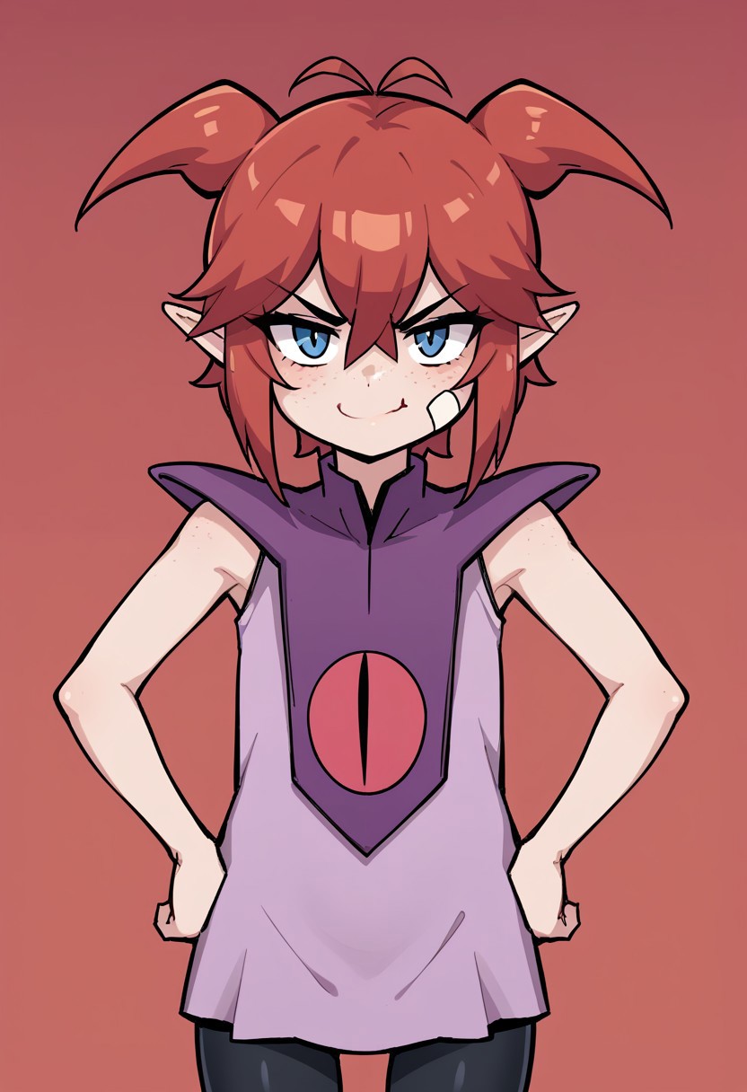 score_8, score_8_up, score_7_up, 1girl, female focus, solo, DQB_DT, red hair, antenna hair, short twintails, sidelocks, pointy ears, hair between eyes, freckles, bandaid on cheek, looking at viewer, smug, hands on own hips, looking at viewer, disgust,sleeveless dress, pink dress, purple capelet, black leggings, cowboy shot, standing, outdoors, red sky,