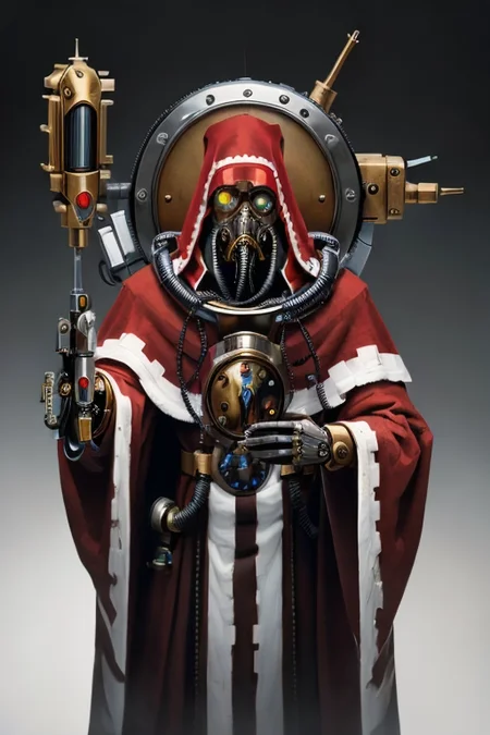 ((masterpiece,best quality)), absurdres, mechanical arms, robes, hood, (techpriest), cyborg, mechanical face, (orthoicon)