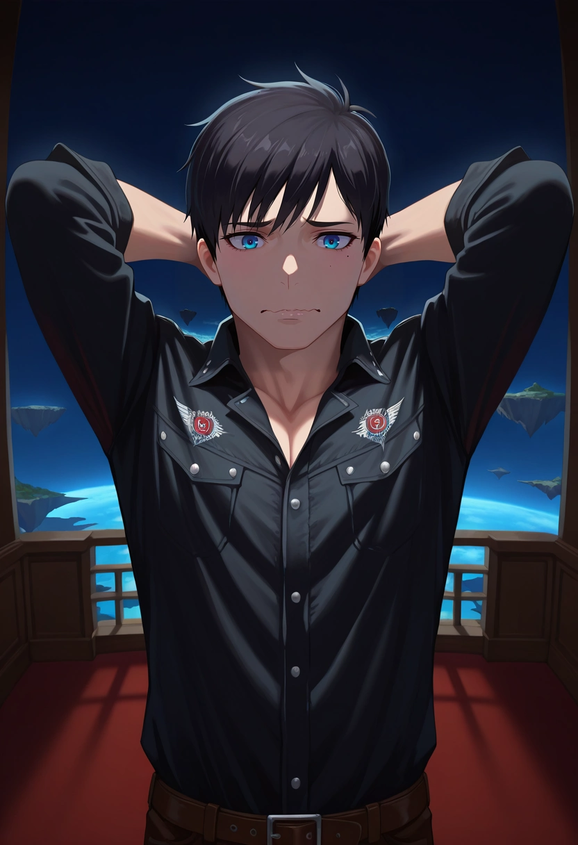 masterpiece, best quality, , (realistic:0.6), , 1boy, solo, male focus, <lora:yukio_okumura_ilxl:0.96>, yukio_okumura, black hair, blue eyes, mole, mole under eye, , panorama, floating island, indoors, dark, arms behind head, wavy mouth, cowboy costume