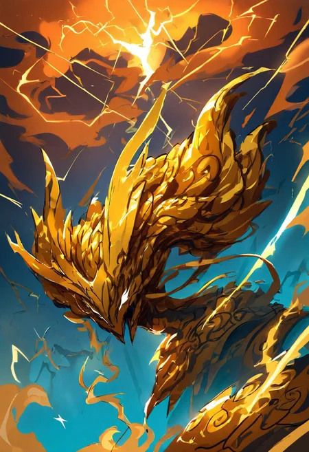 SK3, beautiful, fantasy, portrait, a chinese dragon made out of Jed-StickyN, rolling into the sky, flying fiery colors, deep green, electric yellow, molten golden edges, gold trim, beautiful, thunder, bolt, flash, lightning, simple sketch, sharp shadows, sfw
