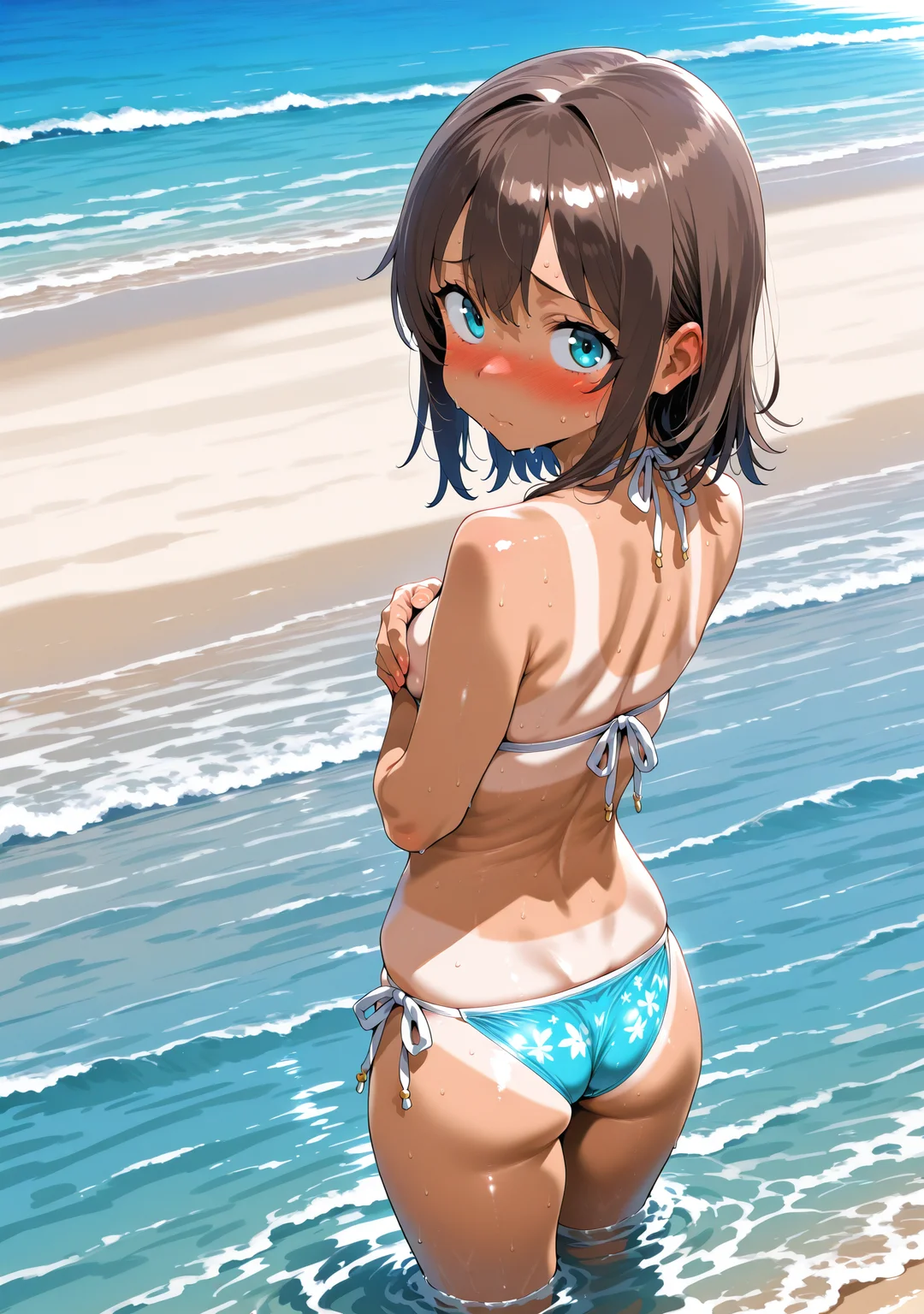 1girl,<lora:yksbdsty:1>,yksbdsty,looking at viewer,bikini,tan,beach,wading,from behind,shy,covering breasts,