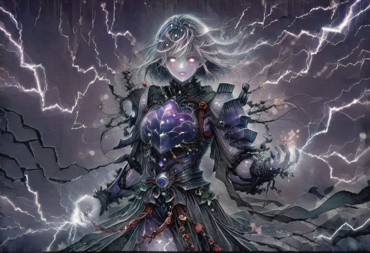 (Masterpiece:1.3), (best quality:1.2), (detailed background:1.1), (intricate details:1.1), (detailed background:1.2), 1girl, solo focus, standing, perfect anatomy, 
bleakfaith,
source_anime, night sky, dark cloud background, sky background, lightning on background, only purple lightning, purple lightning, dark purple theme,
BREAK
watercolor, chinese,traditional,
BREAK
(purple hair:1.2),(pale skin:1.3), (purple skin:1.5),1girl,solo, mysterious, vivid color, shiny, (short purple hair), bob cut hair, purple eyes,glowing purple pupils,
laugh arrogantly,
BREAK
armor(dark suit,armor, animal chest plate), lightning, dark purple thunder, chinese style, 
spraks in hand,
BREAK
looking at the viewer, front view, full view,
best quality, ultra-detailed, absurdres, detail face, best quality, hires textures, high detail, (4k),incredibly detailed
NegativeDynamics,