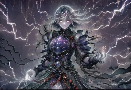 (Masterpiece:1.3), (best quality:1.2), (detailed background:1.1), (intricate details:1.1), (detailed background:1.2), 1girl, solo focus, standing, perfect anatomy,
bleakfaith,
source_anime, night sky, dark cloud background, sky background, lightning on background, only purple lightning, purple lightning, dark purple theme,
BREAK
watercolor, chinese,traditional,
BREAK
(purple hair:1.2),(pale skin:1.3), (purple skin:1.5),1girl,solo, mysterious, vivid color, shiny, (short purple hair), bob cut hair, purple eyes,glowing purple pupils,
laugh arrogantly,
BREAK
armor(dark suit,armor, animal chest plate), lightning, dark purple thunder, chinese style,
spraks in hand,
BREAK
looking at the viewer, front view, full view,
best quality, ultra-detailed, absurdres, detail face, best quality, hires textures, high detail, (4k),incredibly detailed
NegativeDynamics,