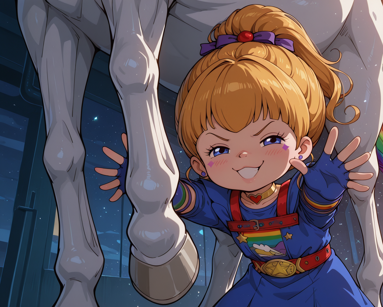 IllusP0s, PonyScores7, source_anime, ah1, IllustriousQual, interesting, exciting, spectacular, wonderful,
BREAK (Through a panoramic sweep, encapsulating the surroundings along with the subject),
BREAK 1girl, <lora:Rainbow Brite Illustrious 1:0.6>, Rainbow Brite, Starlight, A white horse with a rainbow mane, <lora:shinyskin2:0.2>, glistening skin,
BREAK  (blonde hair), long hair, scrunchie, updo ponytail, <lora:hairdetailpxl:0.2>, hairdetailpxl,
BREAK (blue eyes), <lora:expressive eyes:0.2>, expressive eyes, <lora:eyedetailpxl:0.2>, eyedetailpxl, <lora:Eyes_High_Definition:0.2>, EyesHD,
BREAK ((doyagao, proud, happy, smug, ^ ^, v-shaped eyebrows, = =, closed eyes)), <lora:Expressive_H:0.2>, Expressiveh, <lora:Emotional_Anime_Expressions_PonyXL_Concept:0.2>, emotional, <lora:Best_Facial_Expression_LoRA_PONY:0.2>, looking at viewer, <lora:Detailed expressive EXEV style -XL Pony V1.0:0.2>, FaceDetail,
BREAK ((standing with feet apart, arms stretched wide, embracing the energy of the moment)),
BREAK (Choker, Fingerless Gloves, Leg Warmers, multicolored dress, harness, belt, boots),
BREAK (((a vibrant drive-in, with colorful lights, lively atmosphere, retro snacks, classic movie showing))),
BREAK <lora:xl_more_art-full_v1:0.2>, <lora:aesthetic_anime_v1s:0.2>, <lora:EpicF4nta5yXL:0.2>, <lora:detailxl:0.2>, detailxl, <lora:Fant5yP0ny:0.2>, best quality, amazing quality, best aesthetic, absurdres, illustration, Volumetric_Lighting, ultra-detailed, very aesthetic, intricate details, 8k, masterpiece, best_quality
BREAK Stable_Yogis_PDXL_Positives, AS-Adult, <lora:Complicated fantasy portrait - XL Pony V2.0:0.2>, bad-hands-5, <lora:HDA_Detailer:0.3>,