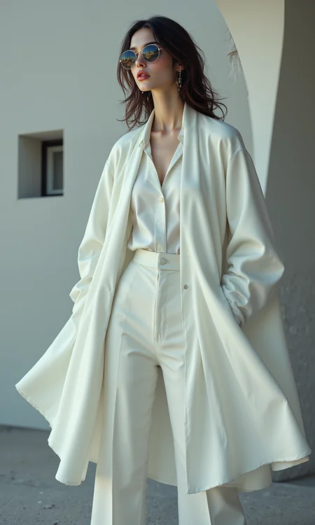 A stylish 1970s editorial featuring Jane Birkin in a minimalist Courrèges dress, characterized by clean lines, a monochrome palette, and a futuristic silhouette. The outfit consists of a high-necked tunic and straight-cut trousers, paired with white boots and oversized sunglasses. The backdrop is a sleek, modern cityscape, with muted tones and soft, ambient lighting. Photorealistic, sharp details, ultra-high resolution. <lora:FLUX.1-DEV_-_Wild_1970s_Fashions_LoRA:0.8>, <lora:midjourney_whisper_avant_couture_v01:0.6>,
break
perfectly smooth jawline, no cleft chin, soft and defined chin, symmetrical and elegant facial features, well-balanced proportions, delicate and flawless face, smooth skin texture, sharp yet gentle jawline, natural beauty, high cheekbones, soft jaw curves, sleek, even facial structure, harmonious face symmetry, no dimples or clefts, clean and graceful profile, refined and polished appearance, seamless jawline transition, fine facial detail,
break
poised and confident pose, expressive movement, looking ahead, straight-on, slight tilt, fullbody shot, wide framing, ruffled clothing, looking at viewer,
break
8k, ultra photorealistic, monochrome with subtle highlights, intricate clothing textures, soft shadows, high contrast with cinematic lighting, minimal lens flare, soft focus on key outfit details, fine grain, nostalgic film effect, wide depth-of-field for a refined art editorial finish. aidmafluxpro1.1, <lora:aidmaFluxPro1.1Stylev0.2:0.7>, midjourney_whisper, <lora:midjourney_whisper_flux_lora_v01:0.5>, velvet_myst, <lora:Midjourney_Whisper_Chromaplex_Velvet_Myst_v01:0.2>,
