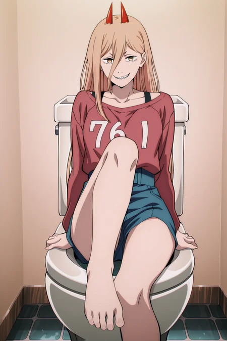 anime screencap, anime coloring, detailed face, masterpiece, best quality, very aesthetic, absurdres, volumetric lighting, official style, amazing quality, ultra detailed, highres, amazing quality, scenery, beautiful detailed hair, beautiful detailed eyes,
<lora:StS-Illustrious-Detail-Slider-v1.0:4>
<lora:Power_Chainsaw_Man_-_Illustrious_V2:1>
inside, in a bathroom,
power (chainsaw man), 1girl, solo, red horns, long hair, hair between eyes, blonde hair, yellow eyes, symbol-shaped pupils, cross-shaped pupils, collarbone, sharp teeth,
Power 76.1 outfit, blue shorts, red shirt, barefoot,
cowboy shot, mouth open, smug smile, looking at the viewer,
sitting on a toilet, foot up, POV, detailed toes, defined toes