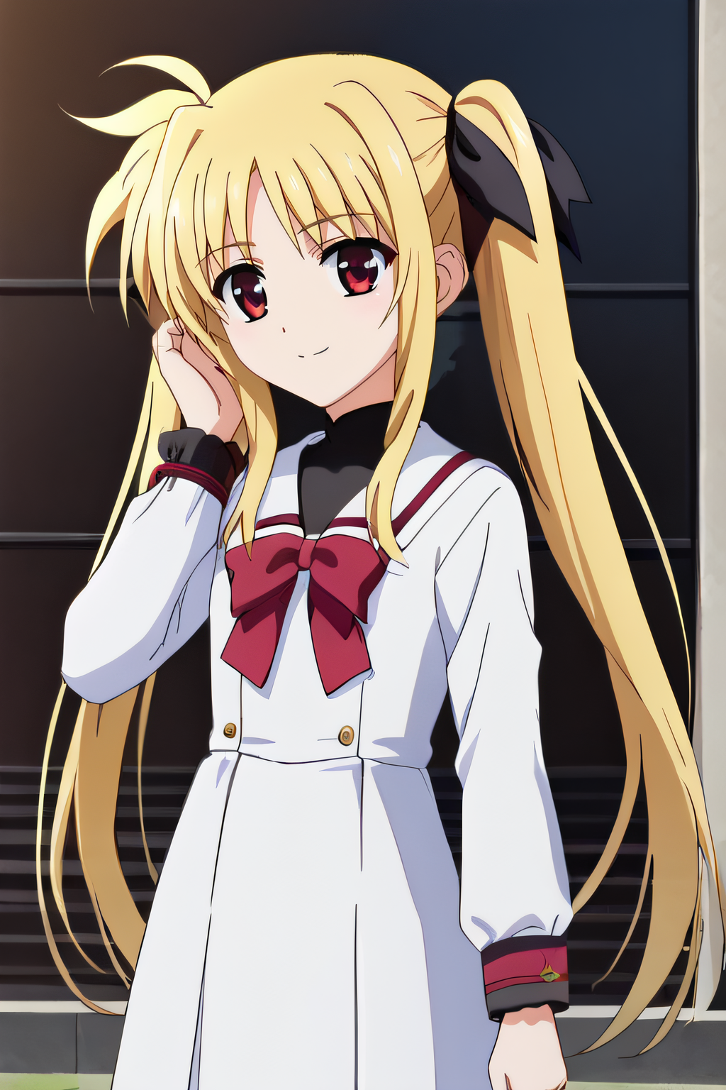score_9, score_8_up, score_7_up, source_anime, rating_safe, intricate details, anime screencap, official style, 1girl, solo, <lora:Testarossa_Fate:1>, testarossa, red eyes, blonde hair, twintails, twin ribbons, black_hair_ribbons, white dress, long sleeves, white sailor collar, black turtleneck, long dress, black cuffs, looking at viewer, smile, outdoor, cowboy shot, hand on hair