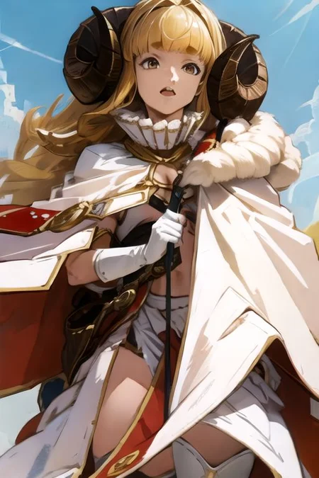 solo_focus, 1girl, (((masterpiece))), ((best quality)), ((ultra-detailed)), high resolution, absurdres, highres, ultra-detailed 8k unity wallpaper,
aniladef, cleavage, cape, white gloves, white thighhighs, pleated skirt, fur trim, pelvic curtain, white tabard