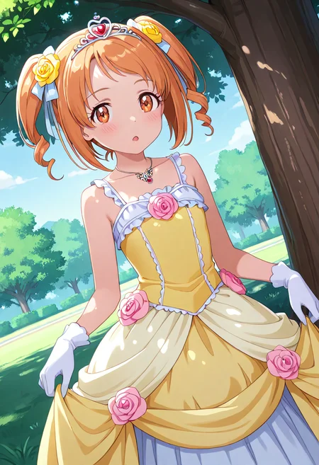 masterpiece, best quality, absurdres, very aesthetic, general,
shirabe ako, 1girl, solo, twintails, brown eyes, short hair, tiara, orange hair, brown hair, eyelashes, blush, orange eyes, yellow dress, short twintails, looking at viewer, open mouth, drill hair, skirt hold, dutch angle, pink rose, white gloves, hair flower, choker, necklace, yellow flower, pink flower, dress flower, outdoors, elbow gloves, against tree, frills, heart hair ornament, day, circlet, yellow rose, flat chest, collarbone, clothes lift, twin drills, ribbon, sunlight, long hair, gown, dappled sunlight, bare shoulders, under tree, sleeveless dress, princess, standing, tree shade, curtsey, two side up
<lora:cure_muse_shirabe_ako_illustXL_locon_v1:0.7>