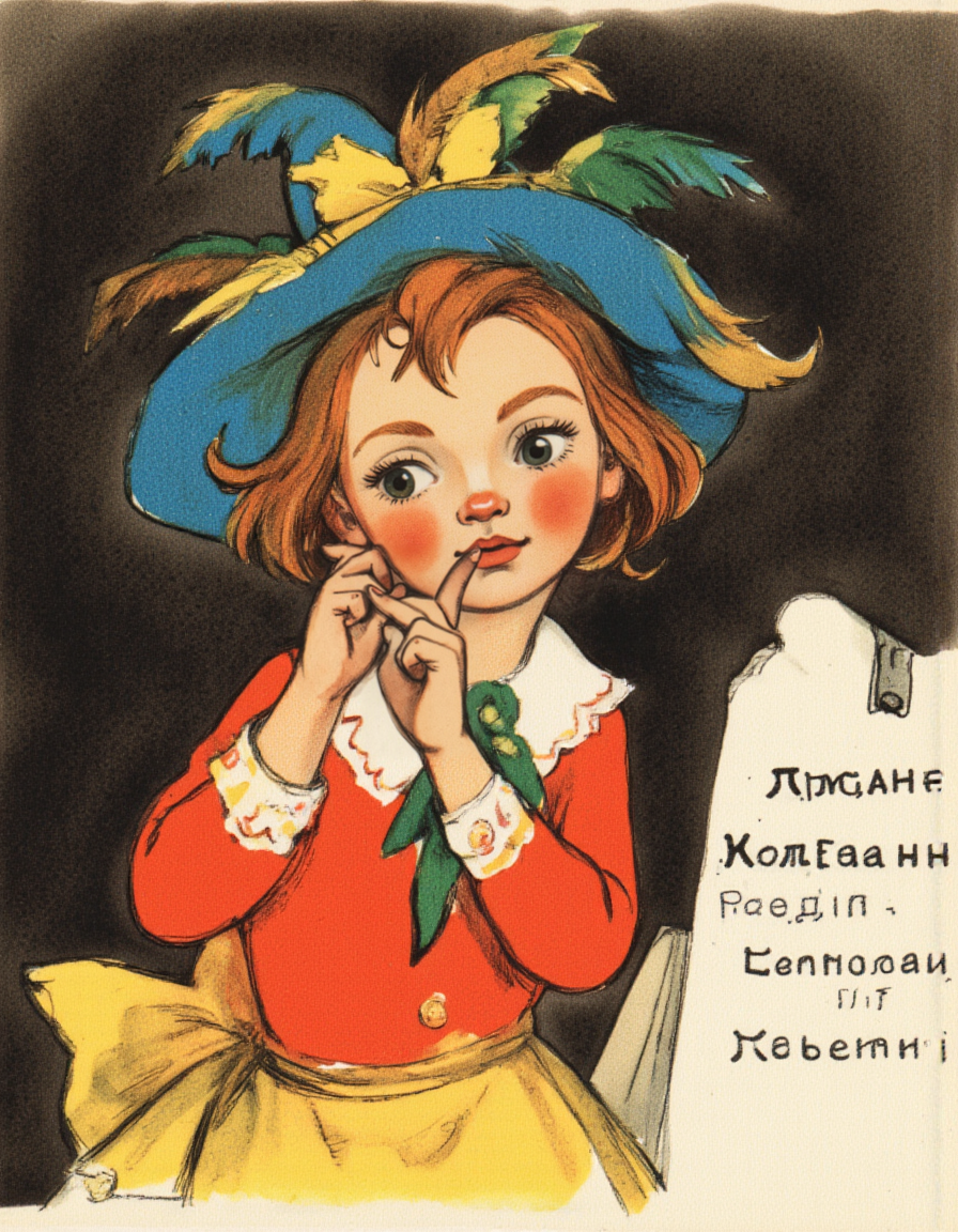 <lora:LV_NEW:1>, This is a vintage, hand-drawn illustration depicting a young child. The child is positioned centrally in the image, facing slightly to the left. They have a determined expression, with furrowed brows and a slightly open mouth, as if they are about to say something. The child has light skin and auburn hair, with a few freckles visible on their cheeks. They are wearing a blue, wide-brimmed hat adorned with yellow feathers, which adds a whimsical touch to their outfit., 
The child is dressed in a bright orange shirt with a white collar, tucked into a yellow skirt. The shirt has a green tie, adding a splash of color. The child's left hand is raised to their mouth, with their index finger extended, suggesting they are about to speak or make a point., 
The background is a dark, solid color, likely intended to make the child stand out more prominently. To the right side of the image, there is a handwritten text in Russian, which translates to "I'll tell." The illustration has a warm, nostalgic feel, characteristic of vintage children's books, with a simple yet expressive style.