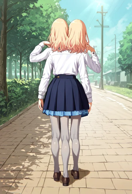 ((1girl)), ((8arms, three heads, six legs, trileg)),  score_9, score_8_up, score_7_up, score_6_up, score_5_up, score_4_up, shiny skin, leg focus, juosena, (( grey pantyhose)), loafers, fully clothed, casual, walking , slender legs, from behind,outdoors, park, [shadows], light rays, Expressiveh