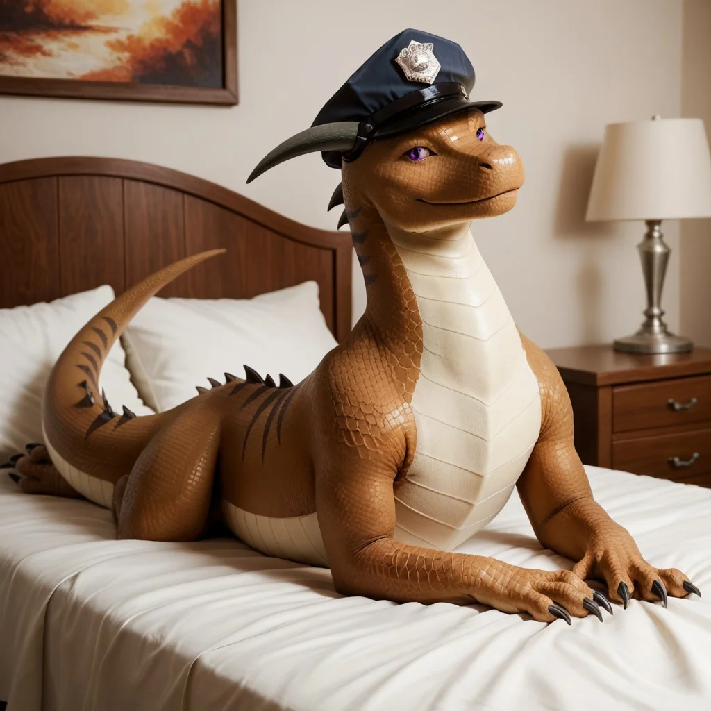 score_9, score_8_up, score_7_up, score_6_up, score_5_up, score_4_up, masterpiece, high quality, realistic, detailed, best quality, white bed, solo, rating_safe, source_furry, bedroom, smiling, seductive, looking at viewer, lying on stomach, full body, detailed eyes, feral, Sebastian_awsw, brown scales, horns, white underbelly, dragon, tail, scales, claws, purple eyes, male, 1boy, police hat
