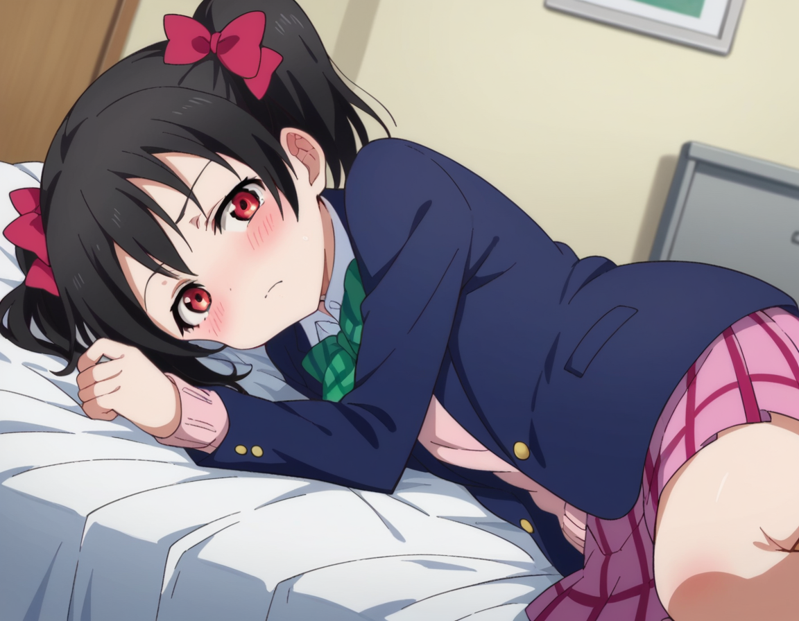 score_9, score_8_up, score_7_up, source_anime,
nikoyazawa, <lora:nico-yazawa-s1-ponyxl-lora-nochekaiser:1>,
niko yazawa, black hair, red eyes, bow, twintails, hair bow,
skirt, school uniform, jacket, blazer, winter uniform, otonokizaka school uniform,
indoors, bed, bed room, on side, blush, drunk,
looking at viewer, cowboy shot, dutch angle,