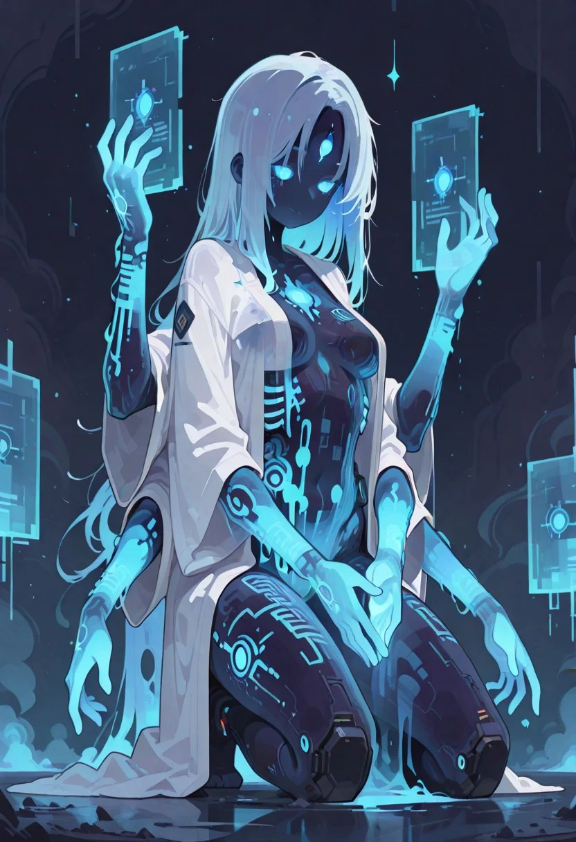 1 girl , solo ,electronic circuit tattoo , glowing hands , (see-through body , ghostly body , translucent body , blue hologram body:1.3) , circuit eye , open robe , see-through , praying hand , kneeling , ((extra arms , multiple arms)) , third eyes ,
masterpiece, best quality, good quality, newest, highres, absurdres, Ethereal Brushstroke, Flat vector illustration, h4ra_illu ,