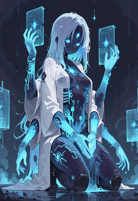 1 girl , solo ,electronic circuit tattoo , glowing hands , (see-through body , ghostly body , translucent body , blue hologram body:1.3) , circuit eye , open robe , see-through , praying hand , kneeling , ((extra arms , multiple arms)) , third eyes ,
masterpiece, best quality, good quality, newest, highres, absurdres, Ethereal Brushstroke, Flat vector illustration, h4ra_illu ,