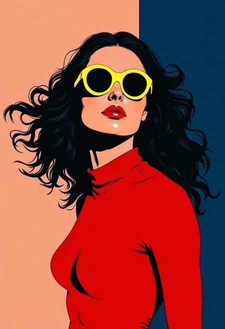 A sleek, [m100-style | portrait of a woman with flowing, long hair], her locks cascading down in sharp contrast against the vibrant background, which alternates between deep navy and soft pastel tones. The woman (wears bold, round yellow sunglasses), adding a striking pop of color that harmonizes with her (vivid red turtleneck). The fluidity of her long hair creates a sense of movement, while the clean lines and smooth shadows BREAK highlight the dynamic balance between her graceful silhouette and the bold, modern palette, making the visual contrast both elegant and eye-catching.